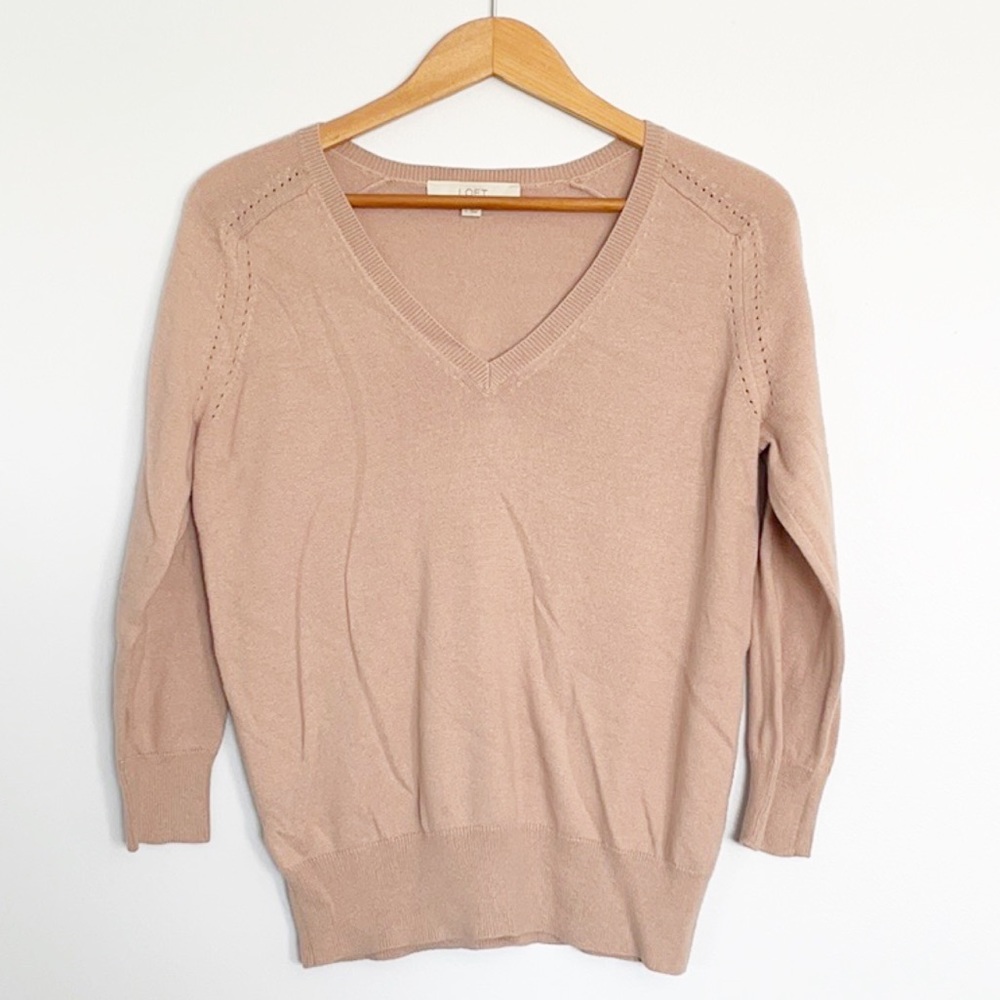 LOFT Pointelle Stitched V-Neck Tan Sweater